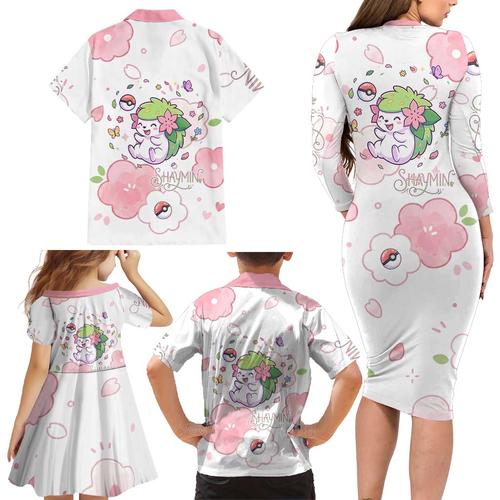 Shaymin Family Matching Long Sleeve Bodycon Dress and Hawaiian Shirt Floral Pastel Blossom Art