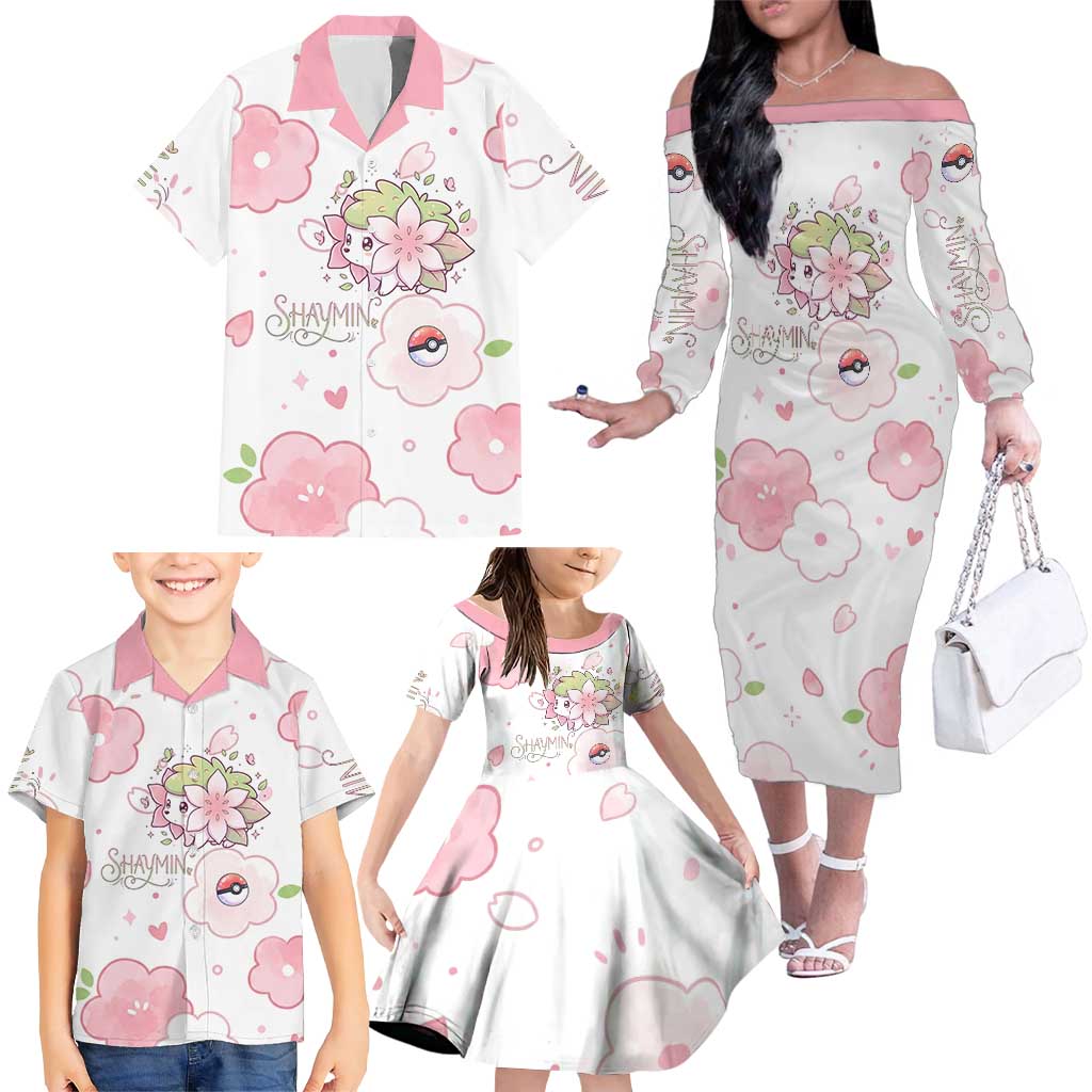 Shaymin Family Matching Off The Shoulder Long Sleeve Dress and Hawaiian Shirt Floral Pastel Blossom Art