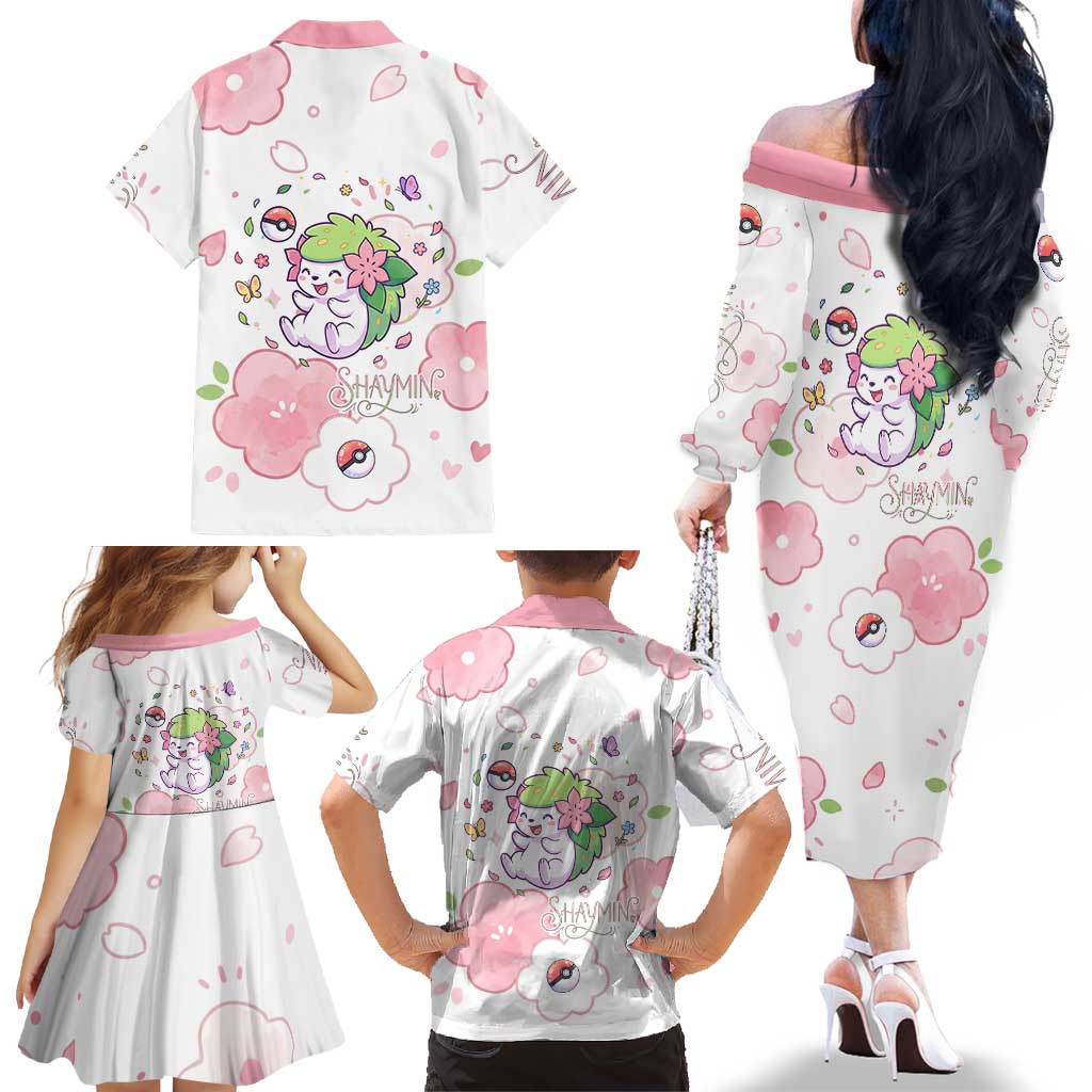Shaymin Family Matching Off The Shoulder Long Sleeve Dress and Hawaiian Shirt Floral Pastel Blossom Art