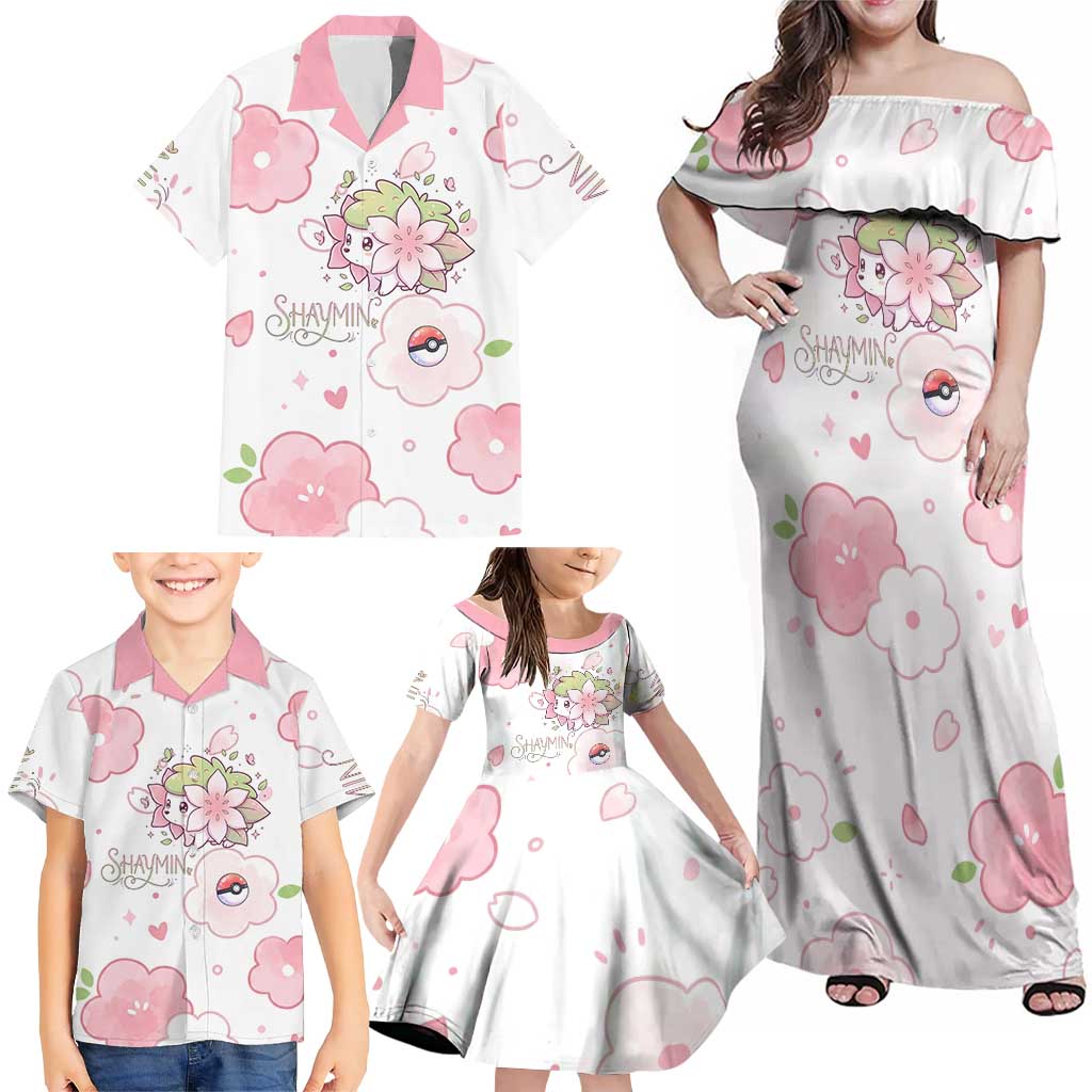 Shaymin Family Matching Off Shoulder Maxi Dress and Hawaiian Shirt Floral Pastel Blossom Art