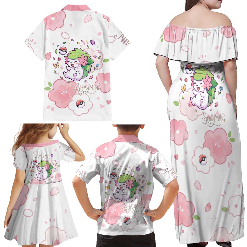 Shaymin Family Matching Off Shoulder Maxi Dress and Hawaiian Shirt Floral Pastel Blossom Art