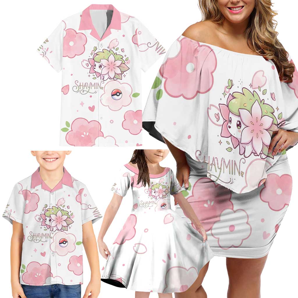 Shaymin Family Matching Off Shoulder Short Dress and Hawaiian Shirt Floral Pastel Blossom Art