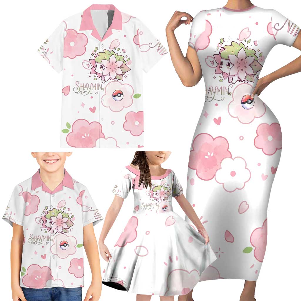 Shaymin Family Matching Short Sleeve Bodycon Dress and Hawaiian Shirt Floral Pastel Blossom Art