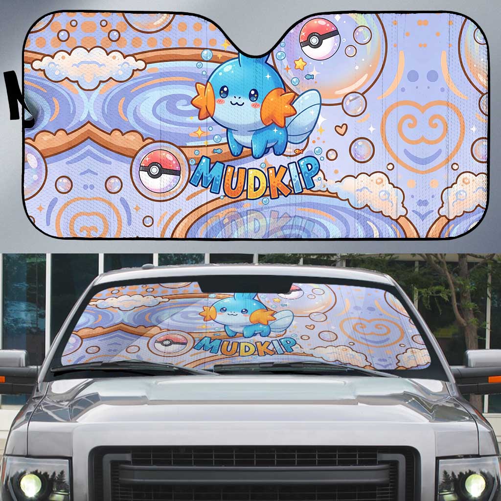 Mudkip Auto Sun Shade Playful Pastel Water Bubble Art