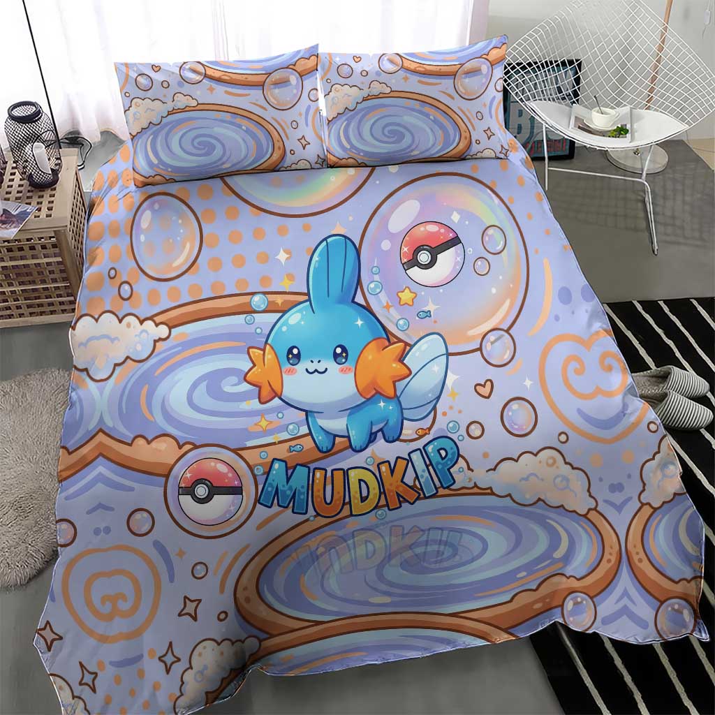Mudkip Bedding Set Playful Pastel Water Bubble Art