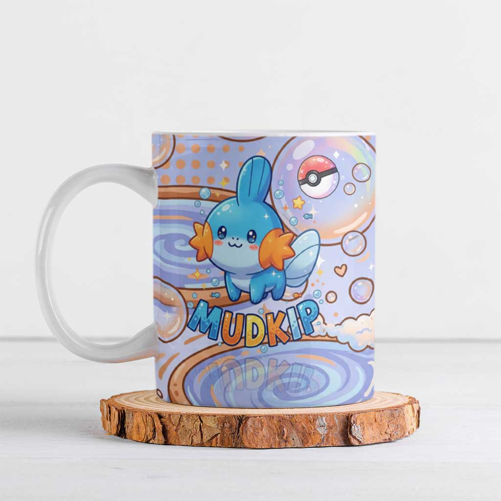 Mudkip Ceramic Mug Playful Pastel Water Bubble Art