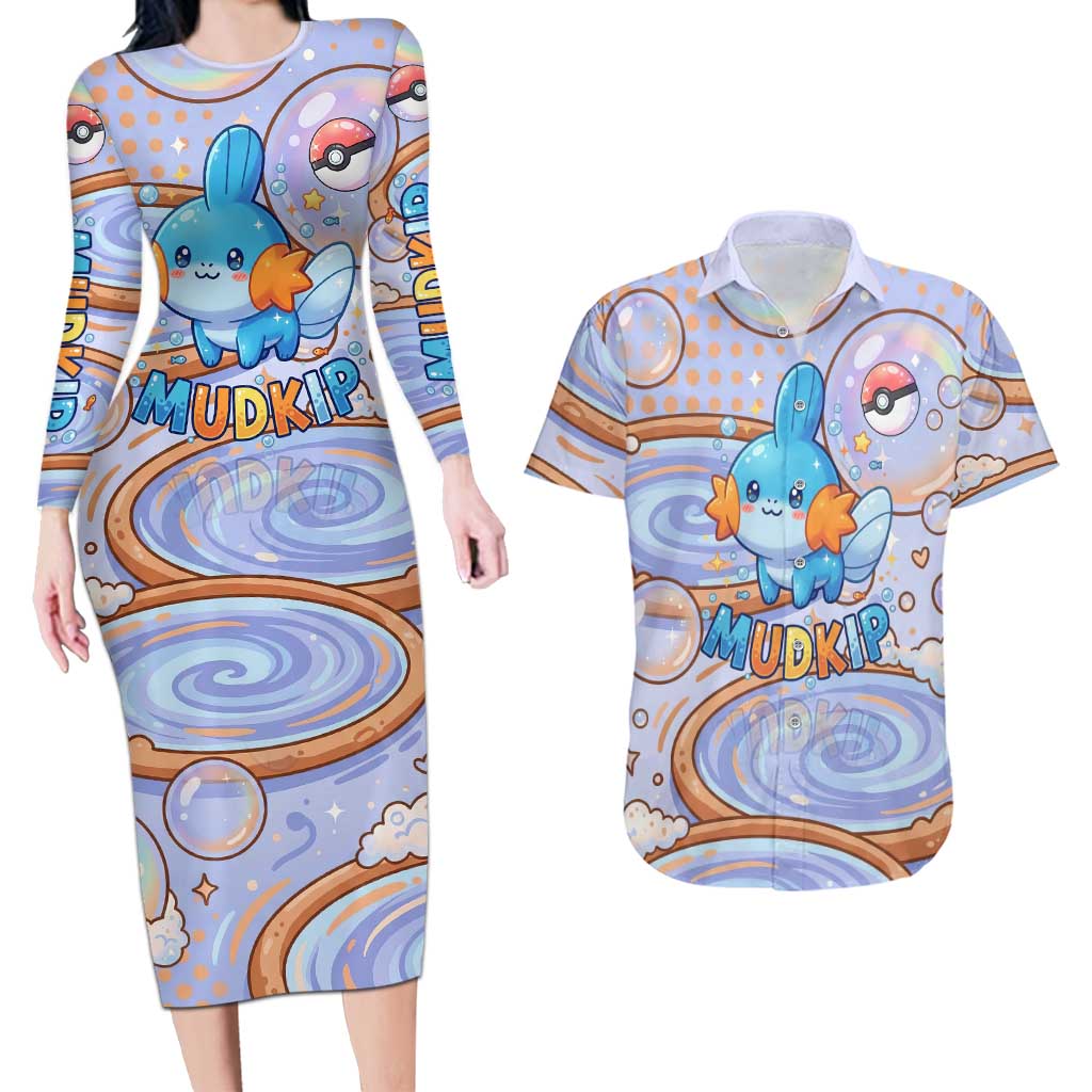 Mudkip Couples Matching Long Sleeve Bodycon Dress and Hawaiian Shirt Playful Pastel Water Bubble Art