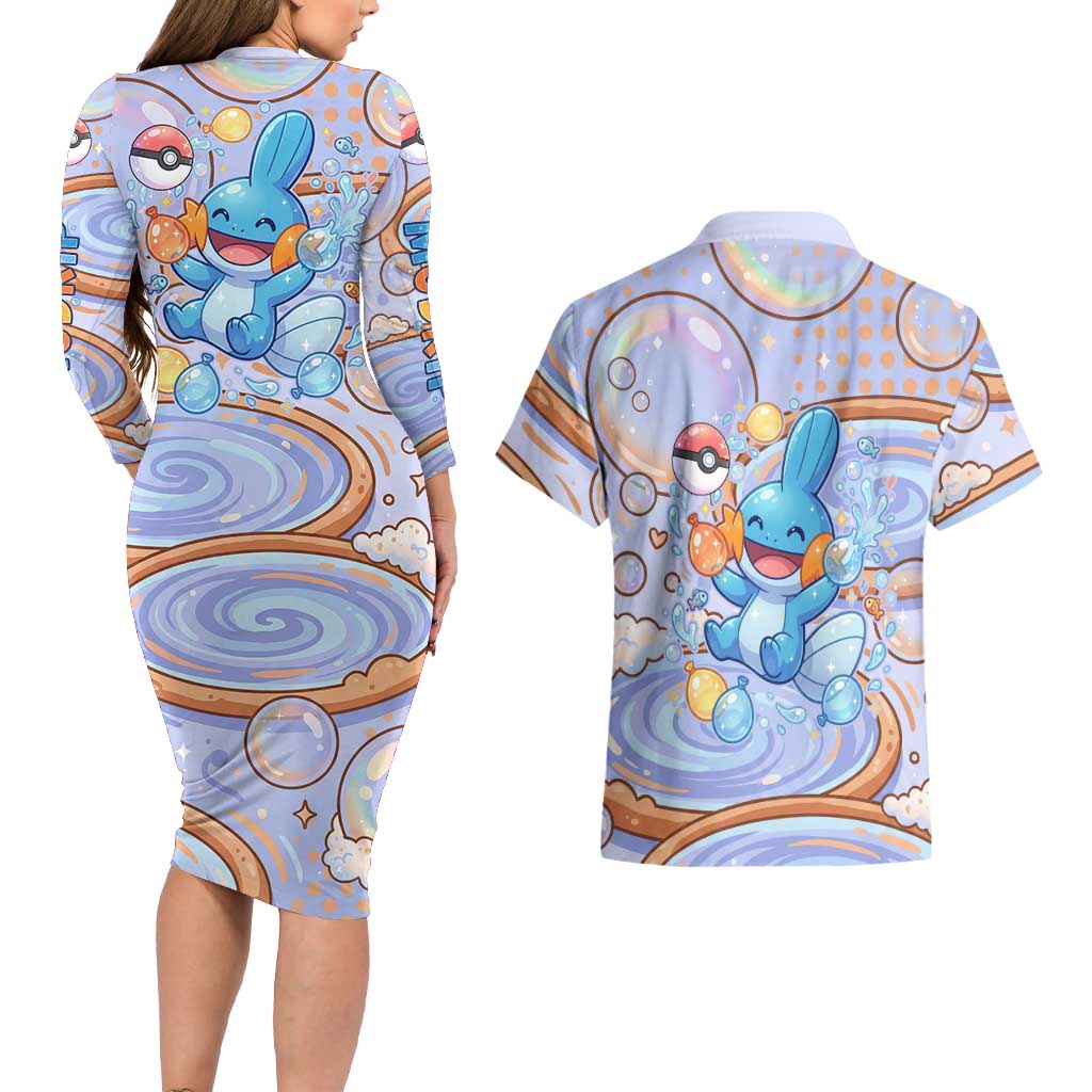 Mudkip Couples Matching Long Sleeve Bodycon Dress and Hawaiian Shirt Playful Pastel Water Bubble Art