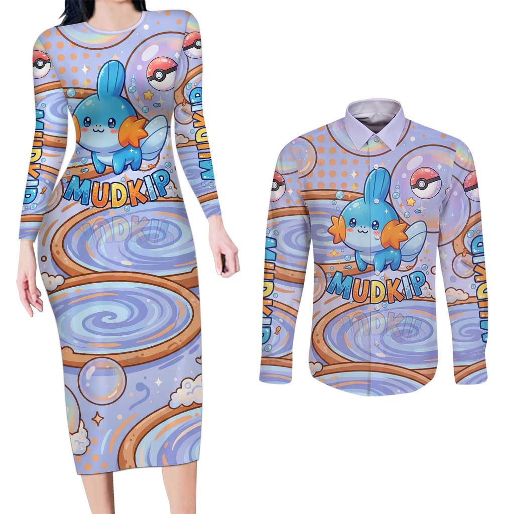 Mudkip Couples Matching Long Sleeve Bodycon Dress and Long Sleeve Button Shirt Playful Pastel Water Bubble Art