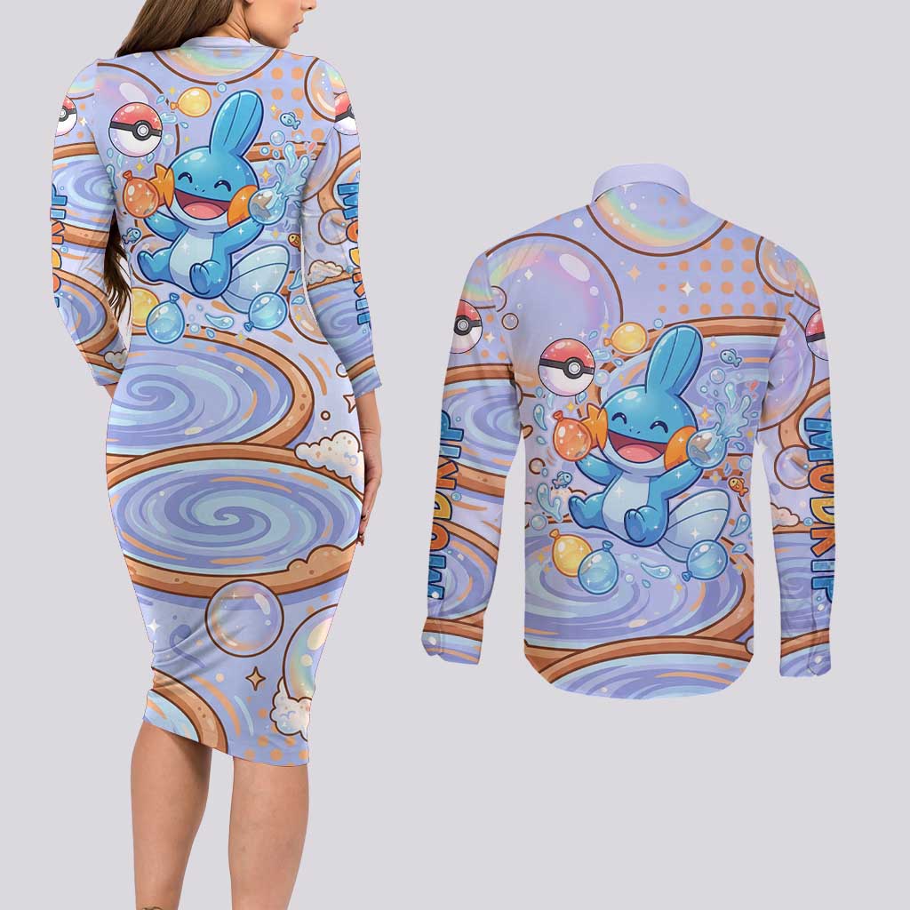 Mudkip Couples Matching Long Sleeve Bodycon Dress and Long Sleeve Button Shirt Playful Pastel Water Bubble Art