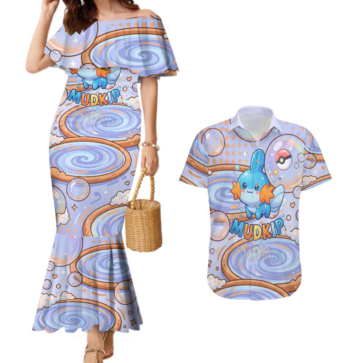 Mudkip Couples Matching Mermaid Dress and Hawaiian Shirt Playful Pastel Water Bubble Art