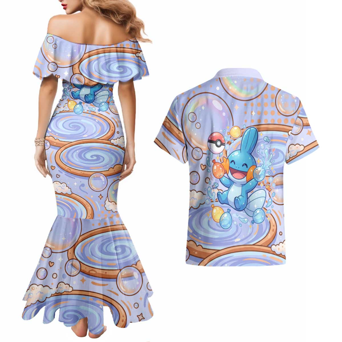 Mudkip Couples Matching Mermaid Dress and Hawaiian Shirt Playful Pastel Water Bubble Art