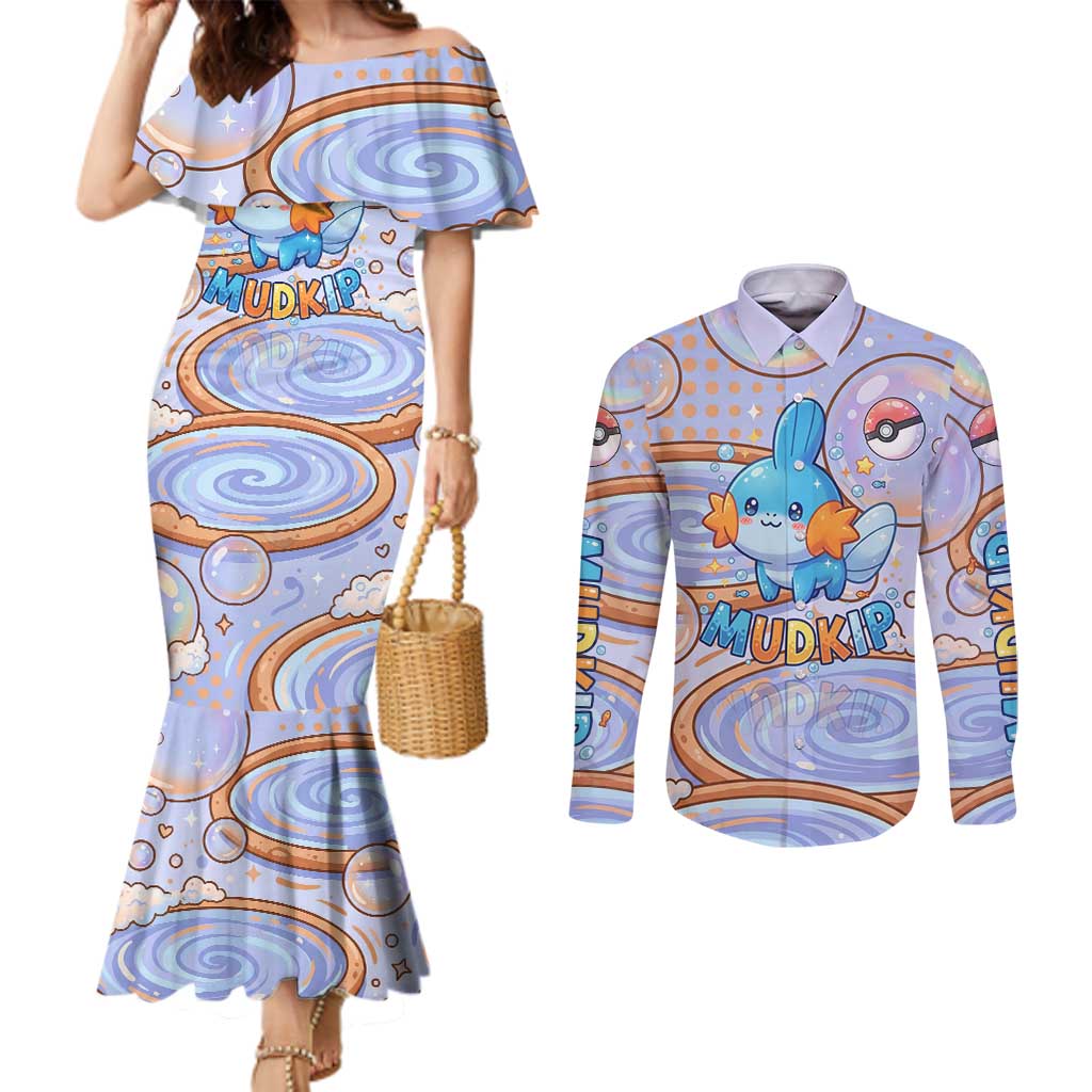 Mudkip Couples Matching Mermaid Dress and Long Sleeve Button Shirt Playful Pastel Water Bubble Art