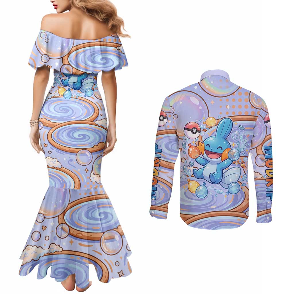 Mudkip Couples Matching Mermaid Dress and Long Sleeve Button Shirt Playful Pastel Water Bubble Art