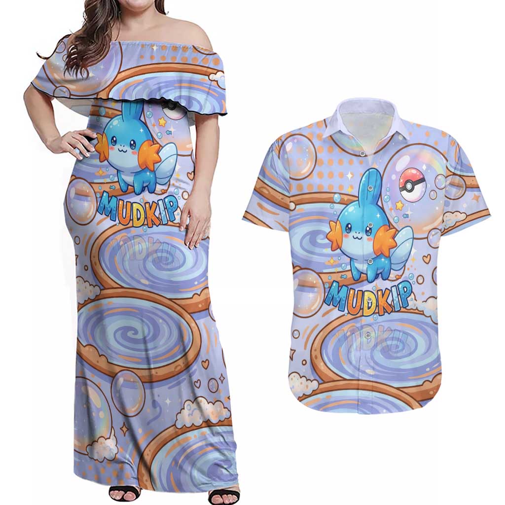 Mudkip Couples Matching Off Shoulder Maxi Dress and Hawaiian Shirt Playful Pastel Water Bubble Art