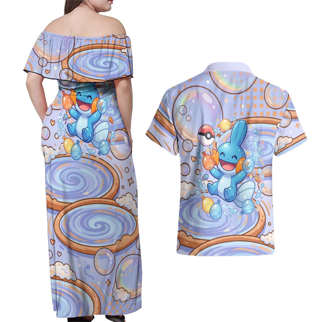 Mudkip Couples Matching Off Shoulder Maxi Dress and Hawaiian Shirt Playful Pastel Water Bubble Art