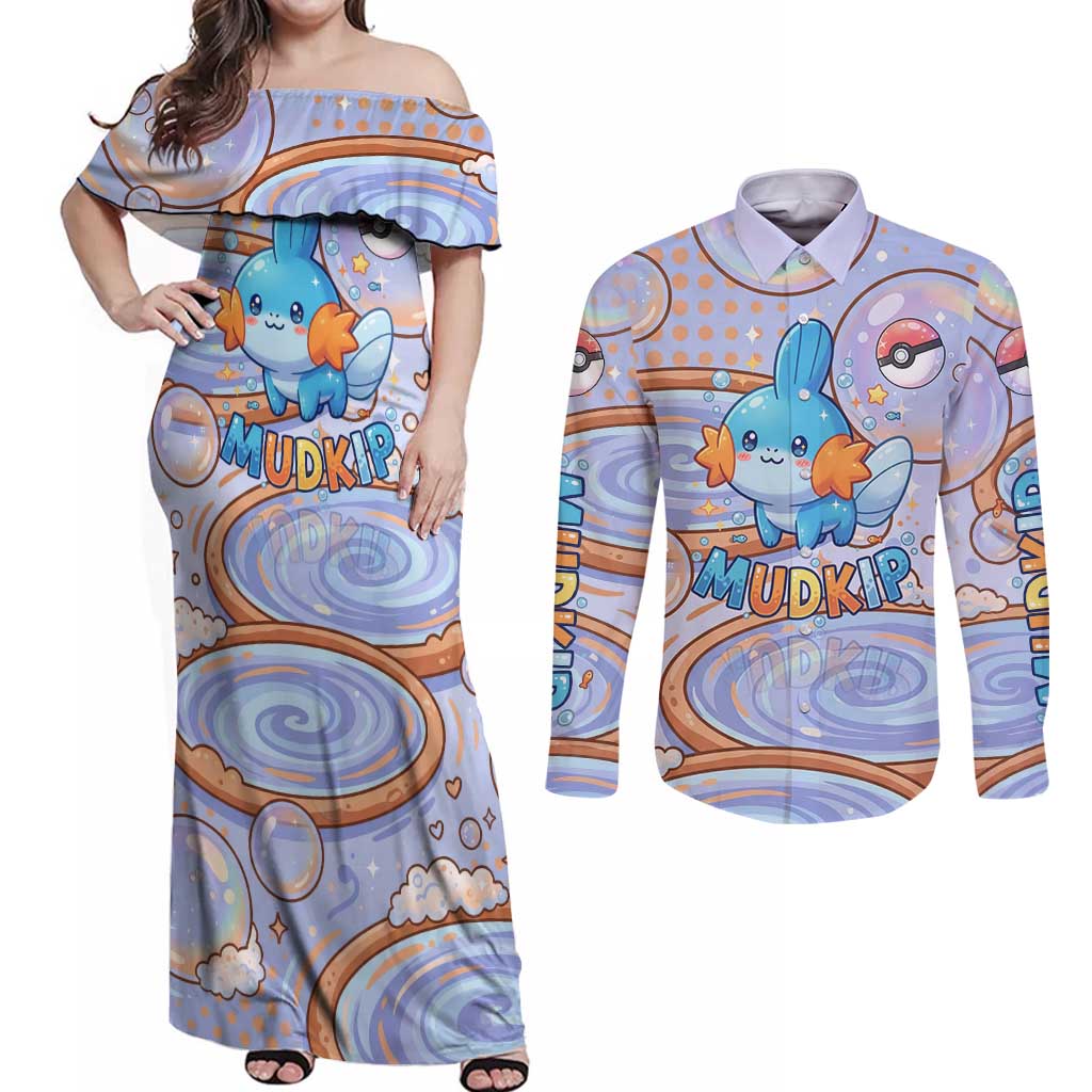 Mudkip Couples Matching Off Shoulder Maxi Dress and Long Sleeve Button Shirt Playful Pastel Water Bubble Art