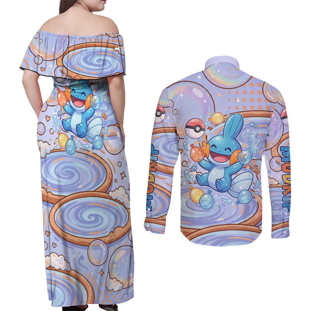 Mudkip Couples Matching Off Shoulder Maxi Dress and Long Sleeve Button Shirt Playful Pastel Water Bubble Art