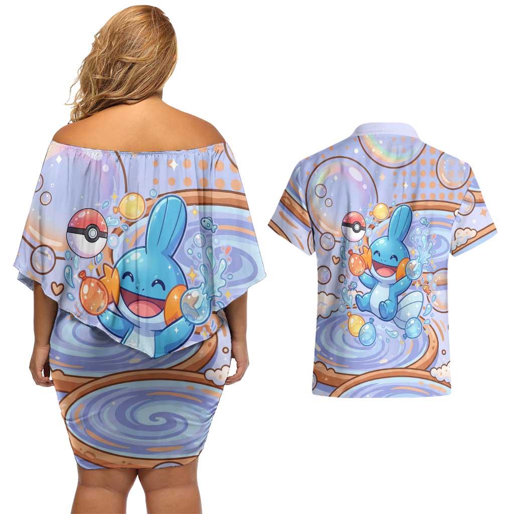 Mudkip Couples Matching Off Shoulder Short Dress and Hawaiian Shirt Playful Pastel Water Bubble Art