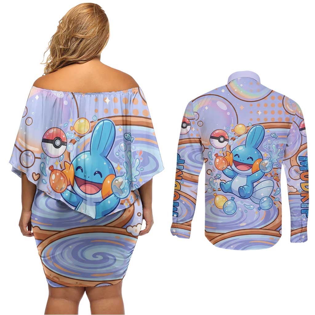 Mudkip Couples Matching Off Shoulder Short Dress and Long Sleeve Button Shirt Playful Pastel Water Bubble Art