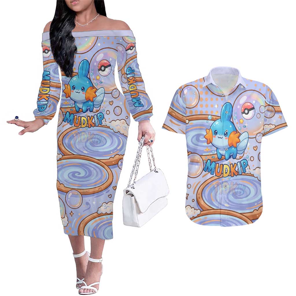 Mudkip Couples Matching Off The Shoulder Long Sleeve Dress and Hawaiian Shirt Playful Pastel Water Bubble Art