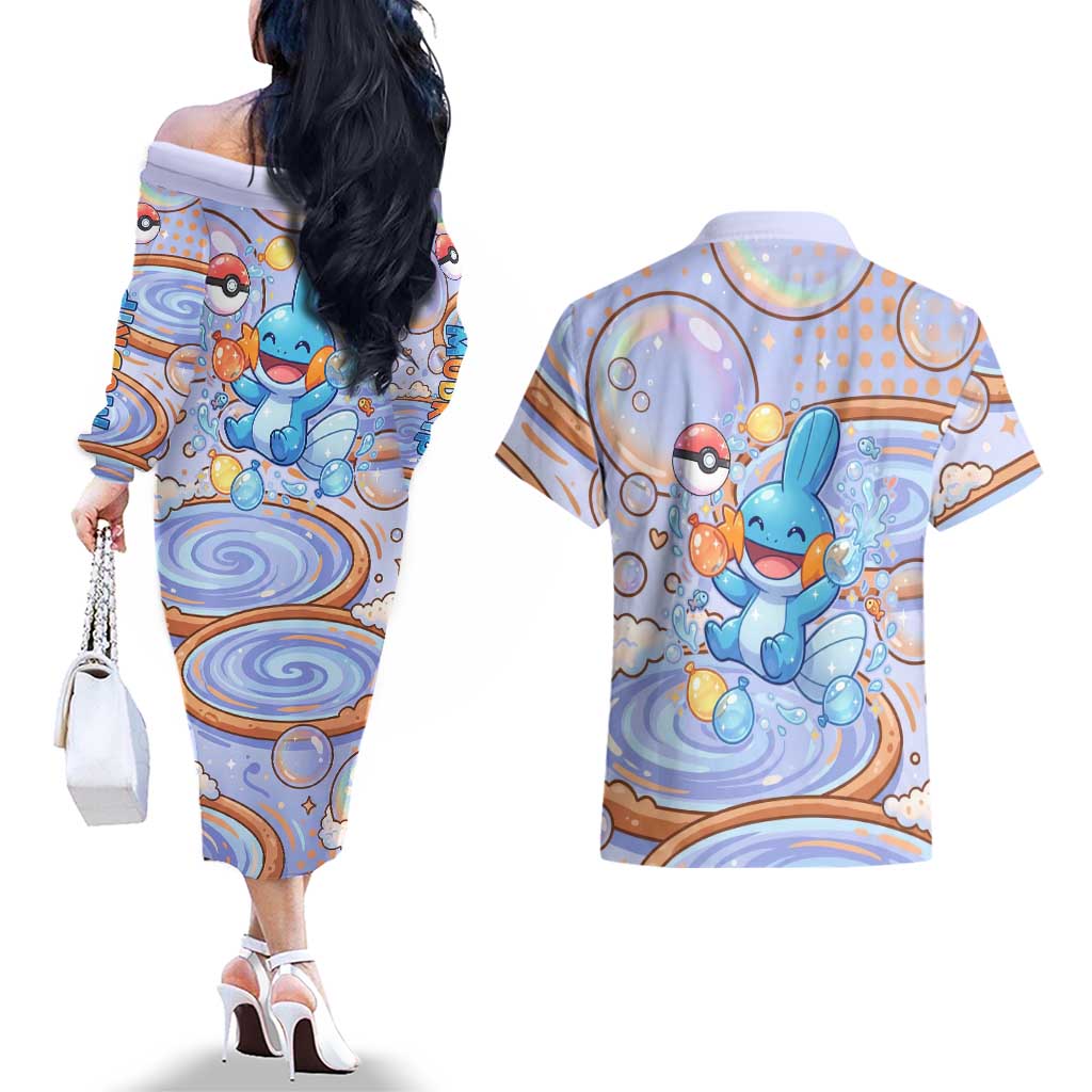Mudkip Couples Matching Off The Shoulder Long Sleeve Dress and Hawaiian Shirt Playful Pastel Water Bubble Art