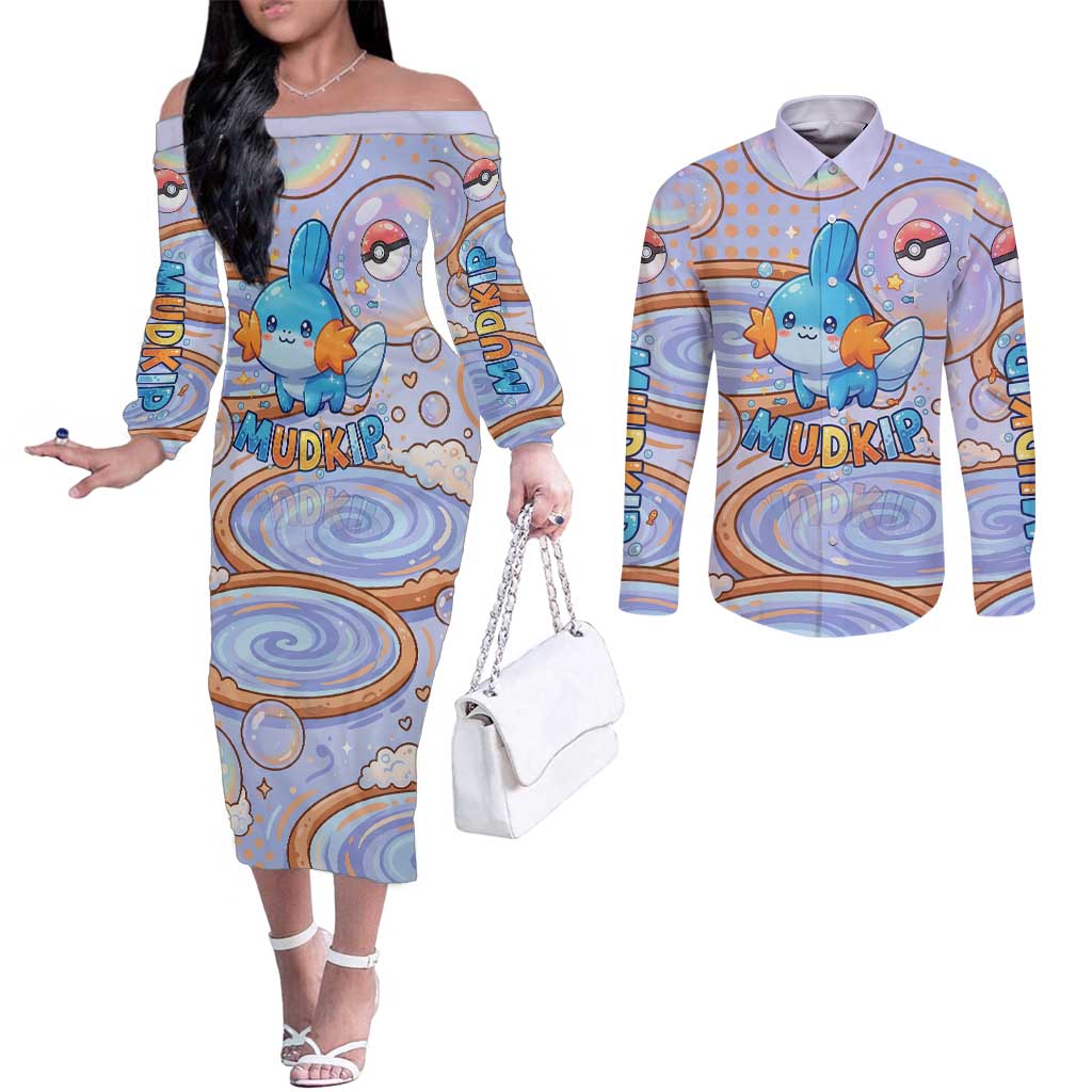 Mudkip Couples Matching Off The Shoulder Long Sleeve Dress and Long Sleeve Button Shirt Playful Pastel Water Bubble Art