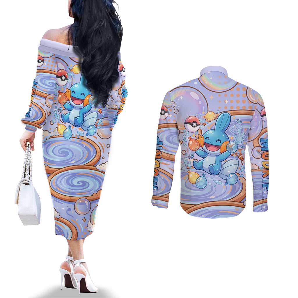 Mudkip Couples Matching Off The Shoulder Long Sleeve Dress and Long Sleeve Button Shirt Playful Pastel Water Bubble Art