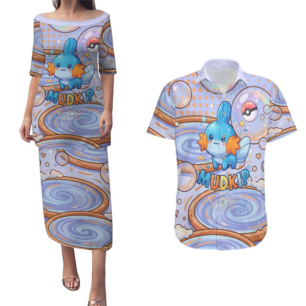 Mudkip Couples Matching Puletasi and Hawaiian Shirt Playful Pastel Water Bubble Art