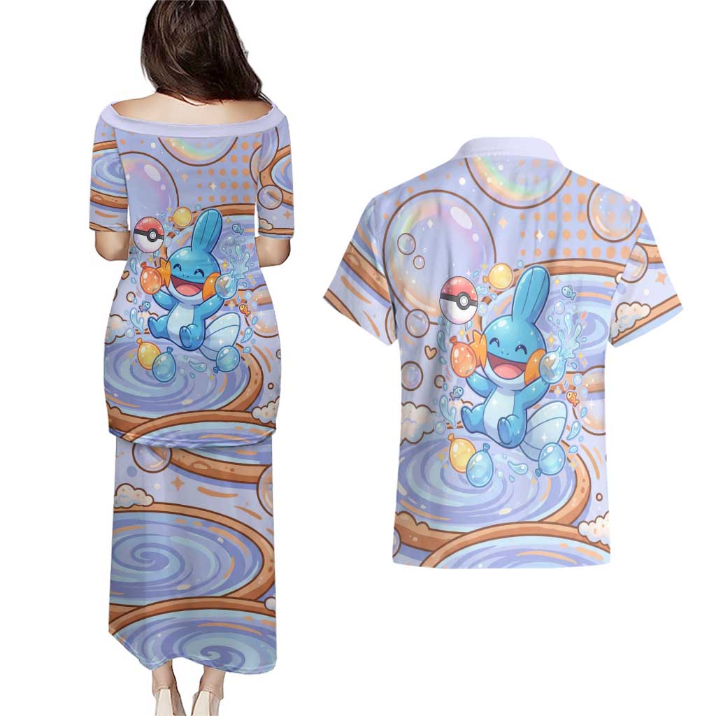 Mudkip Couples Matching Puletasi and Hawaiian Shirt Playful Pastel Water Bubble Art
