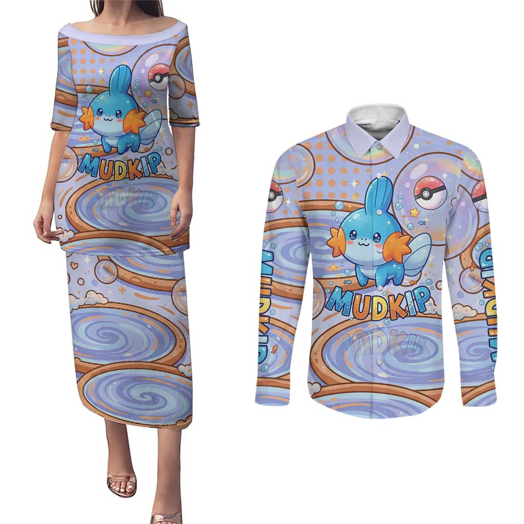 Mudkip Couples Matching Puletasi and Long Sleeve Button Shirt Playful Pastel Water Bubble Art