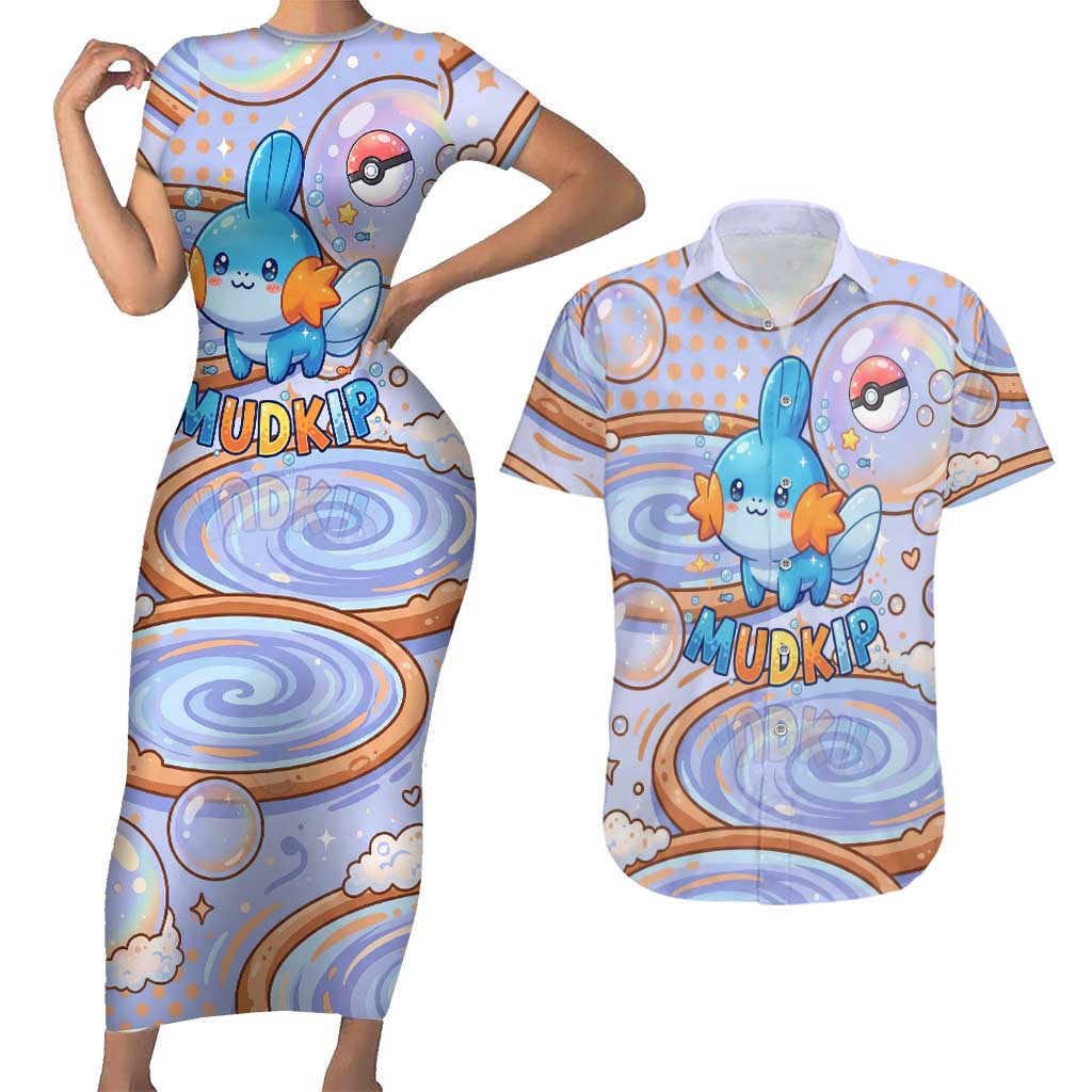 Mudkip Couples Matching Short Sleeve Bodycon Dress and Hawaiian Shirt Playful Pastel Water Bubble Art