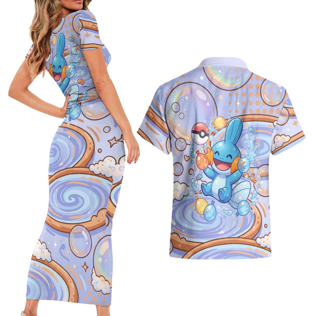 Mudkip Couples Matching Short Sleeve Bodycon Dress and Hawaiian Shirt Playful Pastel Water Bubble Art
