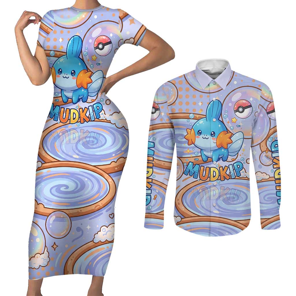Mudkip Couples Matching Short Sleeve Bodycon Dress and Long Sleeve Button Shirt Playful Pastel Water Bubble Art