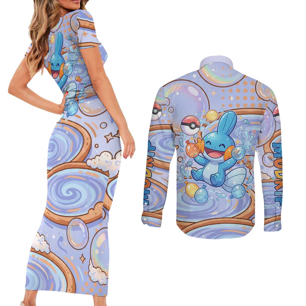 Mudkip Couples Matching Short Sleeve Bodycon Dress and Long Sleeve Button Shirt Playful Pastel Water Bubble Art