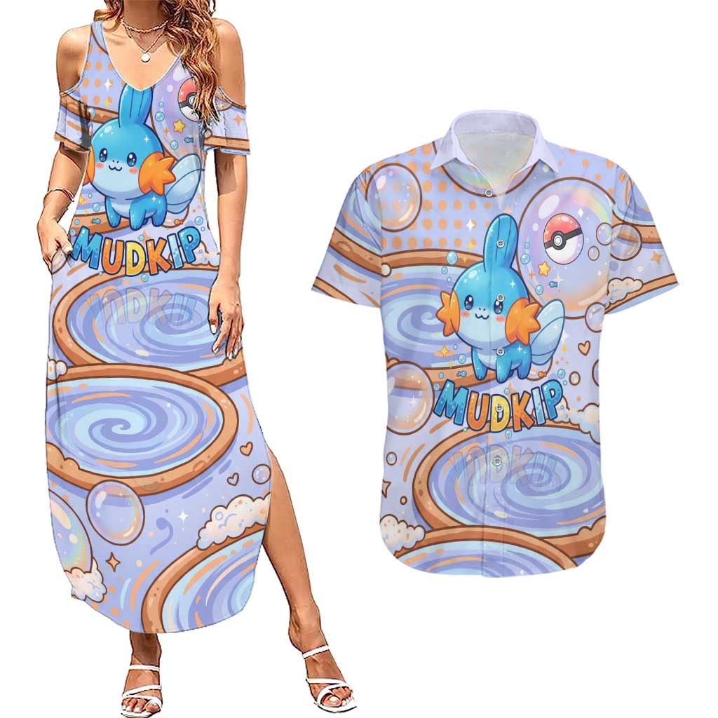 Mudkip Couples Matching Summer Maxi Dress and Hawaiian Shirt Playful Pastel Water Bubble Art