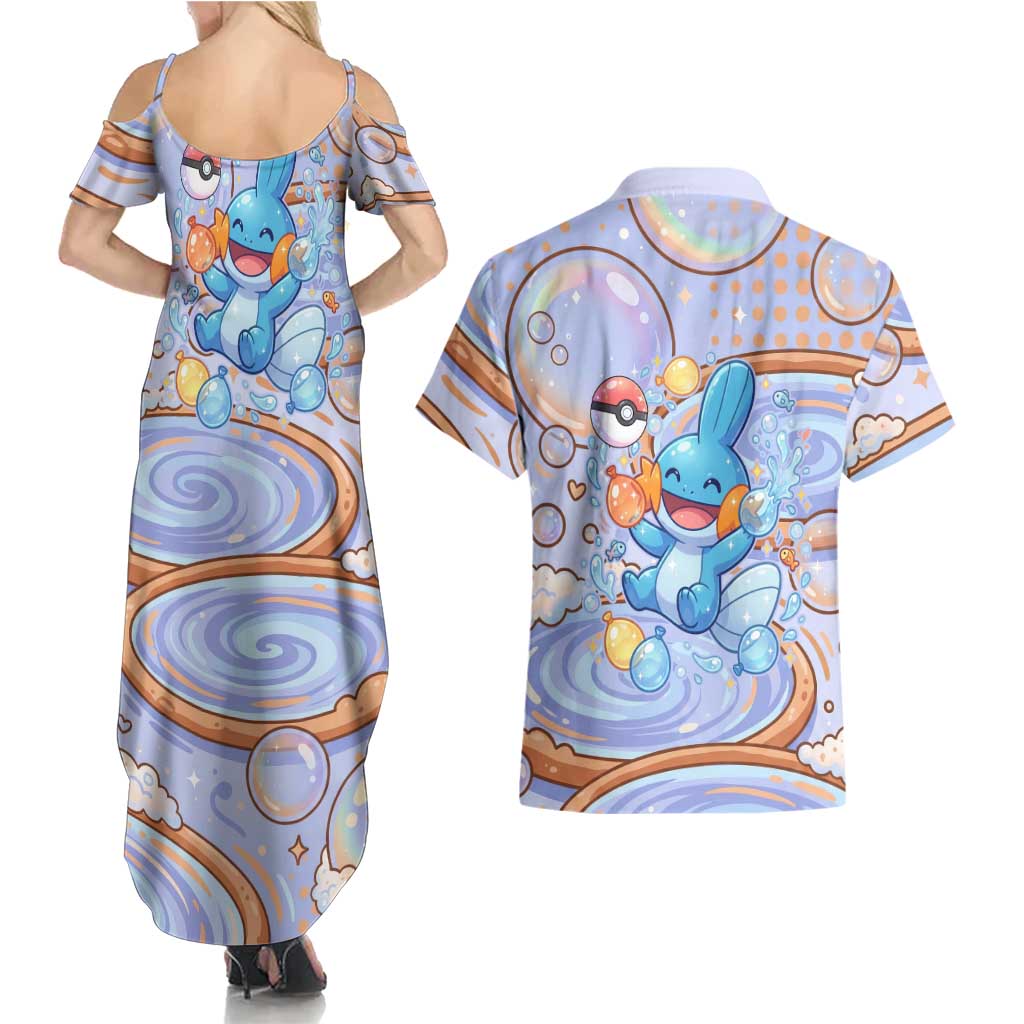 Mudkip Couples Matching Summer Maxi Dress and Hawaiian Shirt Playful Pastel Water Bubble Art