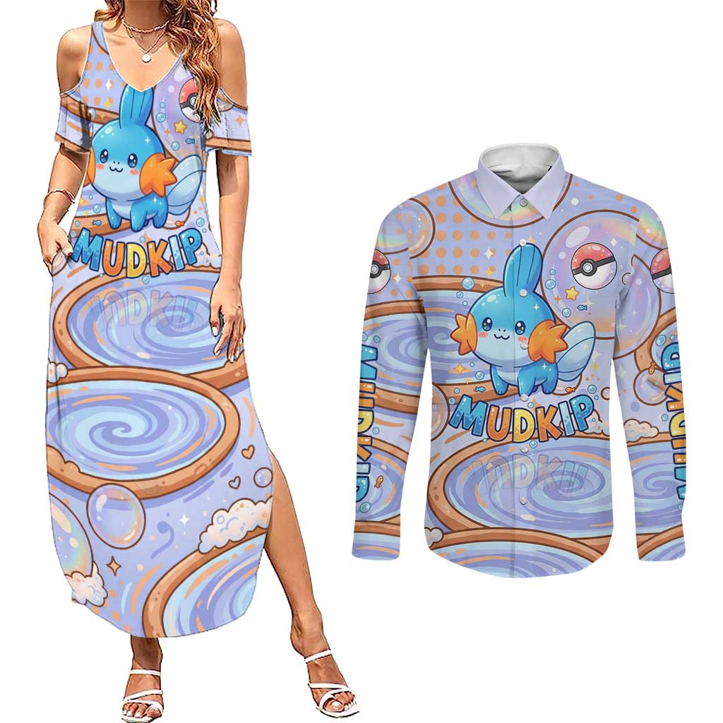 Mudkip Couples Matching Summer Maxi Dress and Long Sleeve Button Shirt Playful Pastel Water Bubble Art