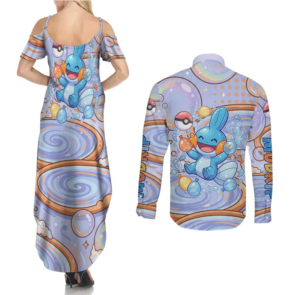 Mudkip Couples Matching Summer Maxi Dress and Long Sleeve Button Shirt Playful Pastel Water Bubble Art