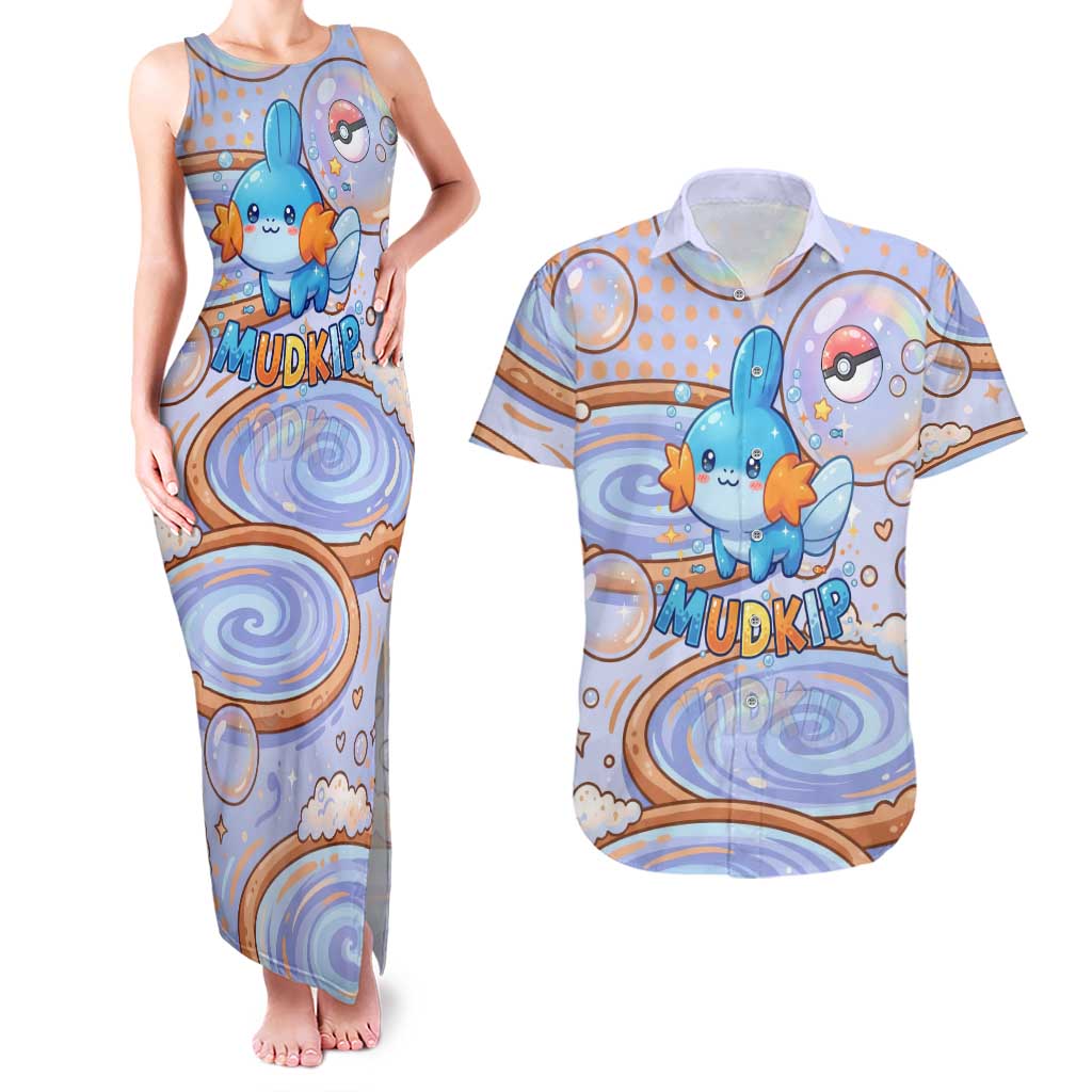 Mudkip Couples Matching Tank Maxi Dress and Hawaiian Shirt Playful Pastel Water Bubble Art