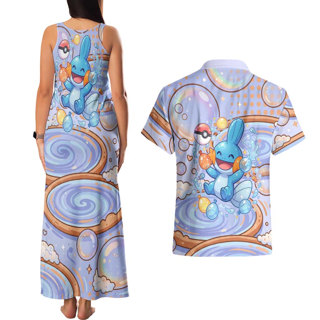 Mudkip Couples Matching Tank Maxi Dress and Hawaiian Shirt Playful Pastel Water Bubble Art