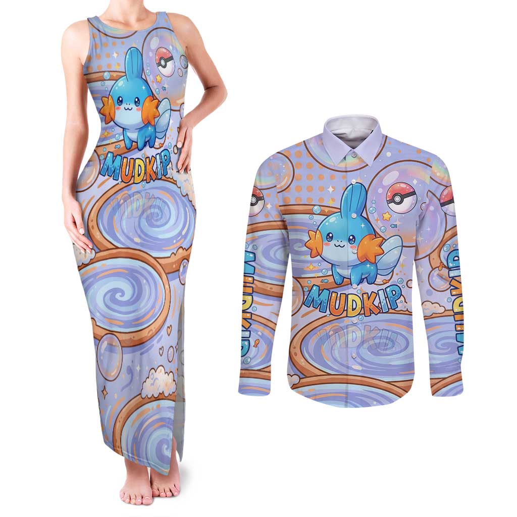 Mudkip Couples Matching Tank Maxi Dress and Long Sleeve Button Shirt Playful Pastel Water Bubble Art