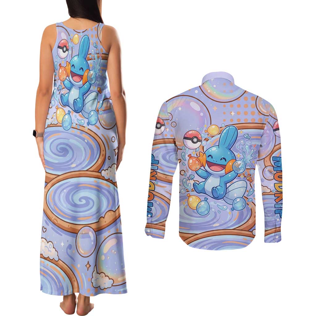 Mudkip Couples Matching Tank Maxi Dress and Long Sleeve Button Shirt Playful Pastel Water Bubble Art