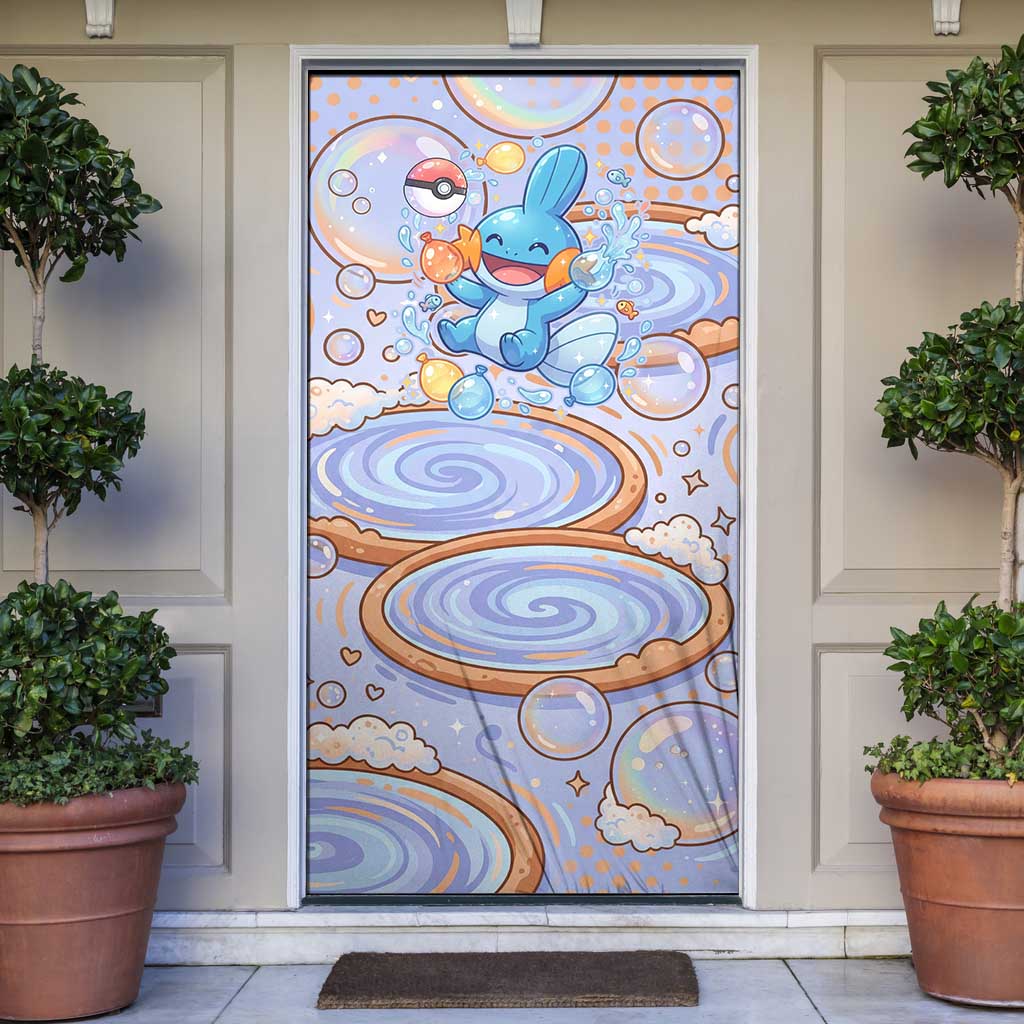 Mudkip Door Cover Playful Pastel Water Bubble Art