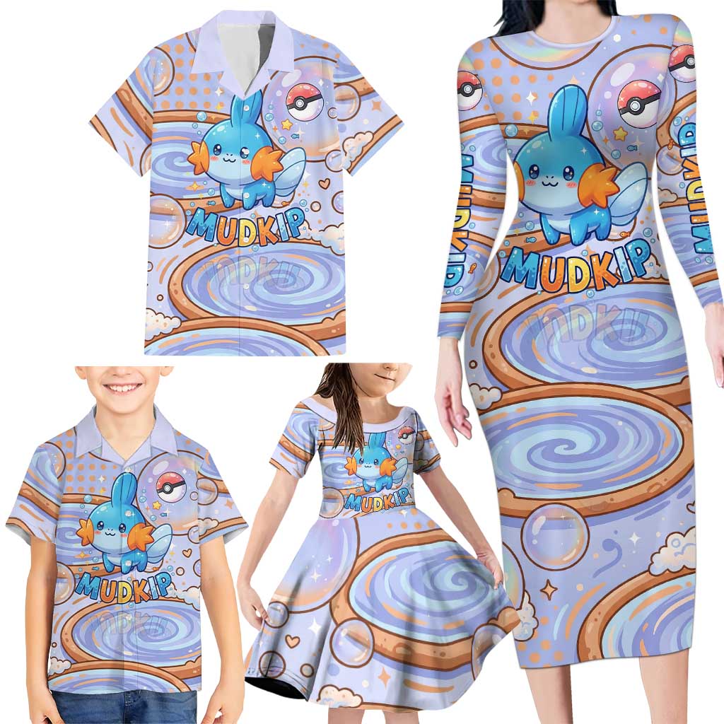 Mudkip Family Matching Long Sleeve Bodycon Dress and Hawaiian Shirt Playful Pastel Water Bubble Art