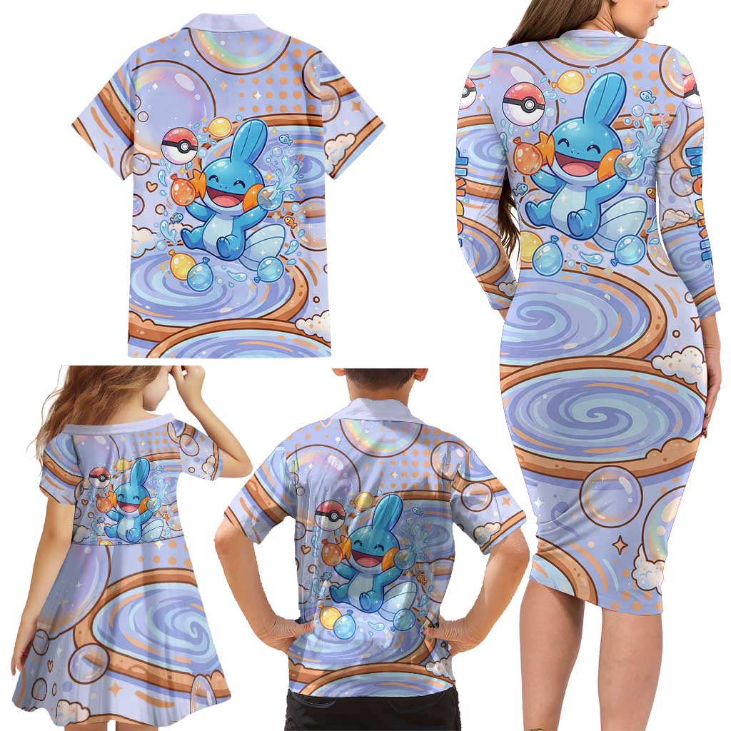 Mudkip Family Matching Long Sleeve Bodycon Dress and Hawaiian Shirt Playful Pastel Water Bubble Art