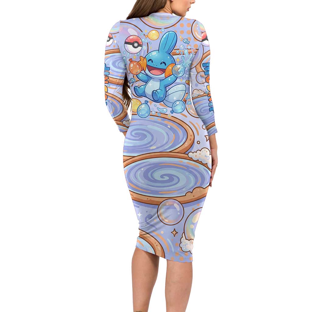 Mudkip Family Matching Long Sleeve Bodycon Dress and Hawaiian Shirt Playful Pastel Water Bubble Art