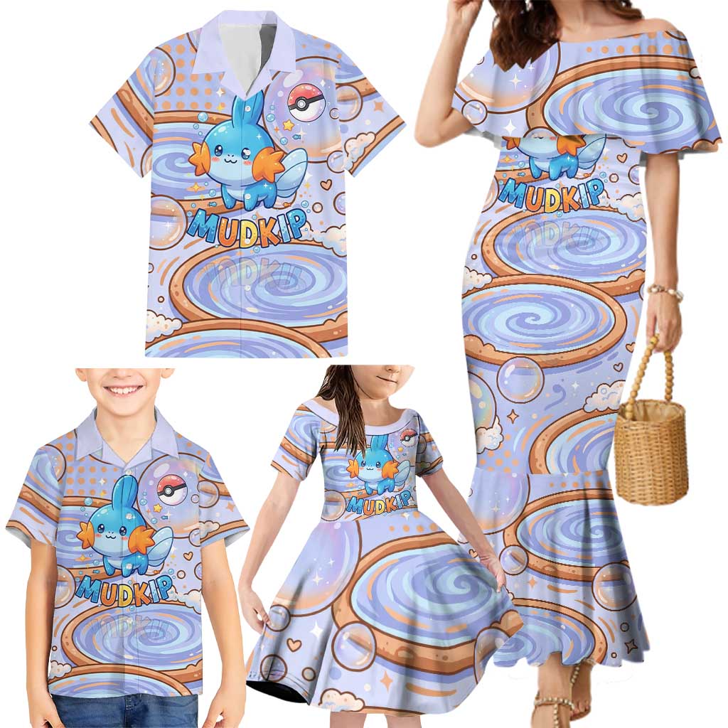 Mudkip Family Matching Mermaid Dress and Hawaiian Shirt Playful Pastel Water Bubble Art