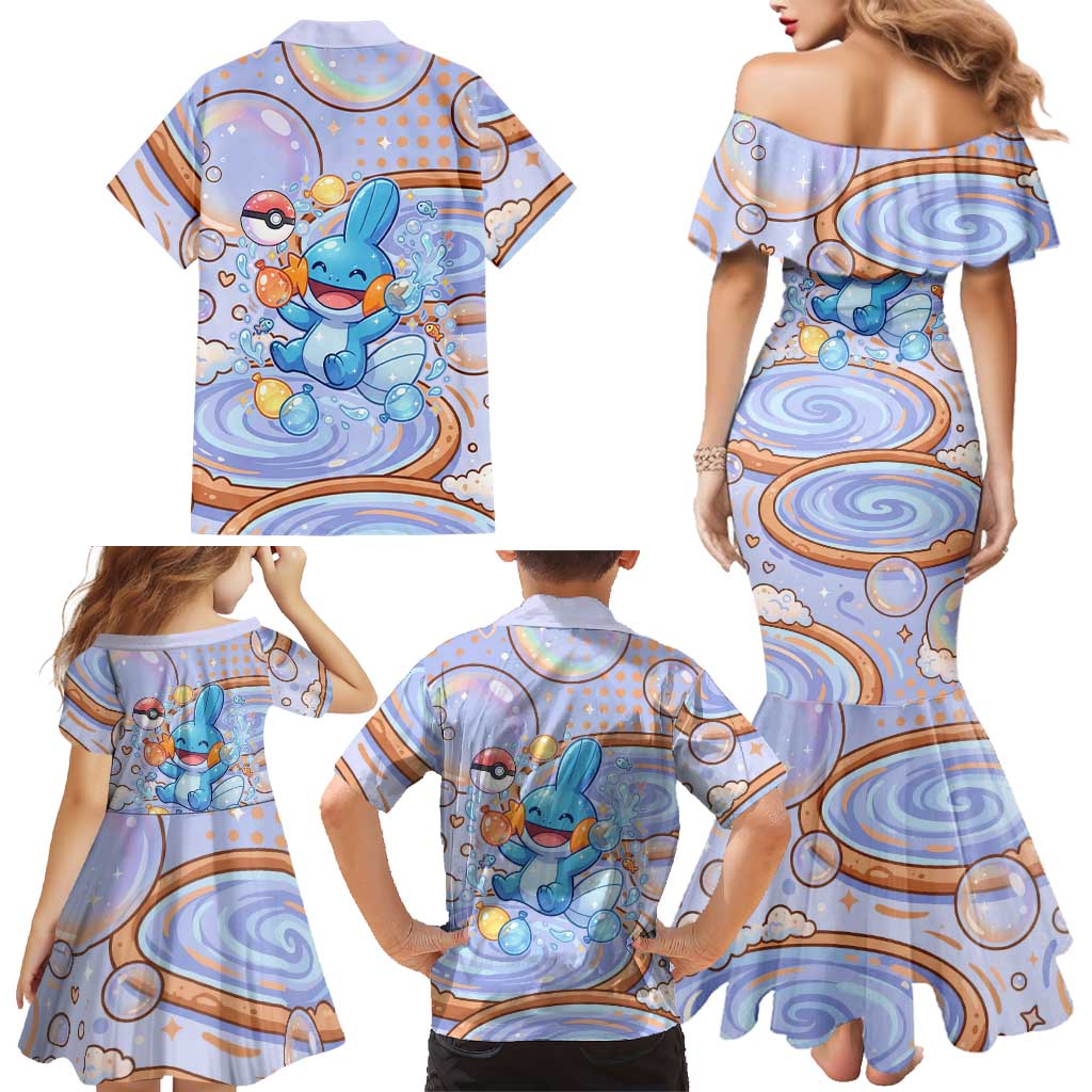 Mudkip Family Matching Mermaid Dress and Hawaiian Shirt Playful Pastel Water Bubble Art