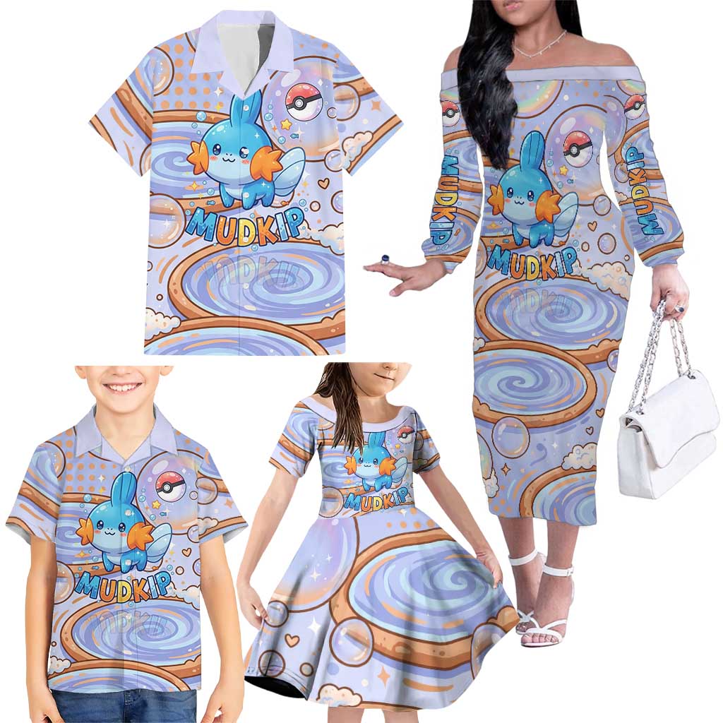 Mudkip Family Matching Off The Shoulder Long Sleeve Dress and Hawaiian Shirt Playful Pastel Water Bubble Art